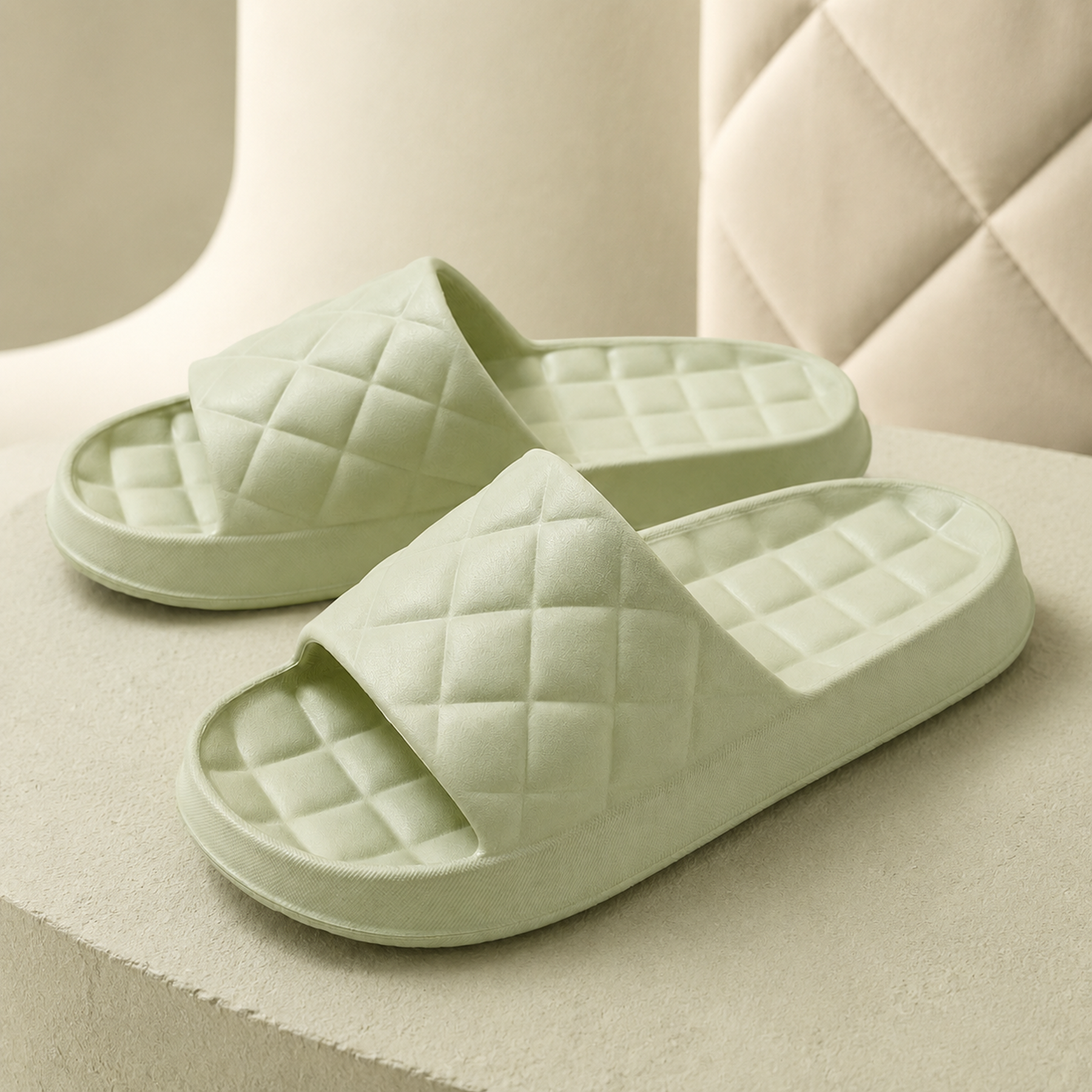 Sage Green Haven Quilted EVA Slides shown as a pair on a warm white studio background.