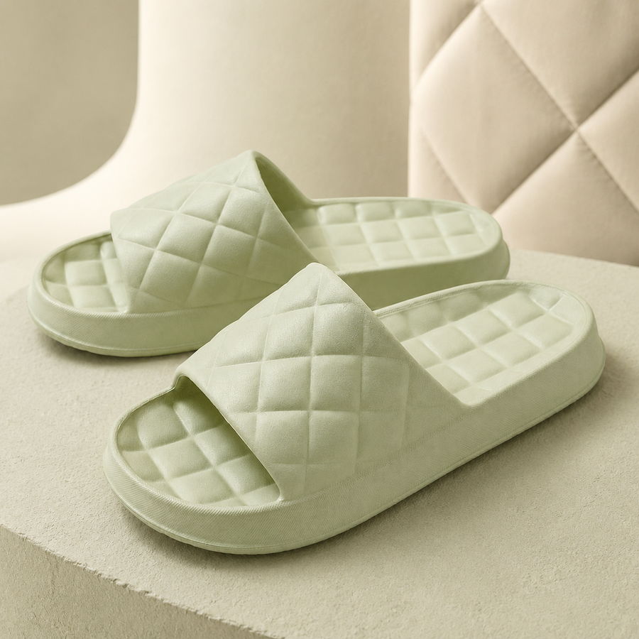 Sage Green Haven Quilted EVA Slides shown as a pair on a warm white studio background.