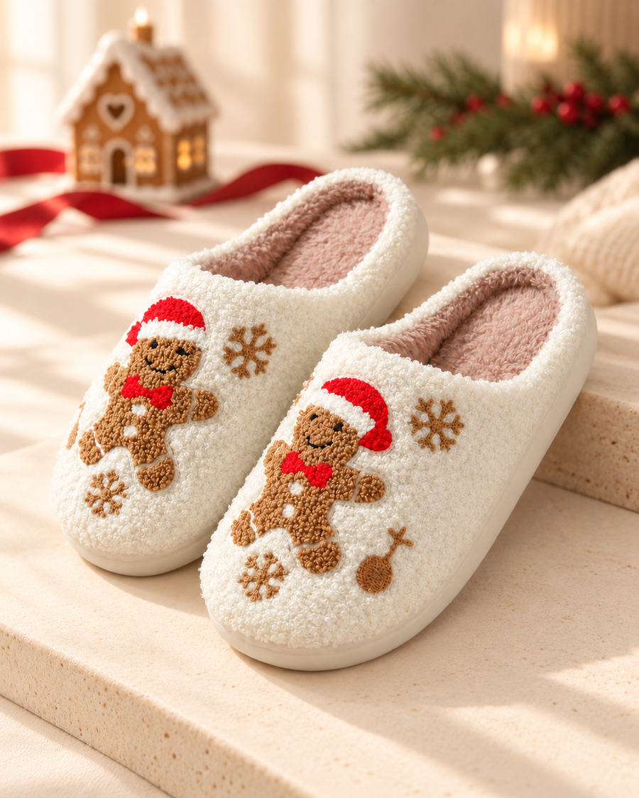 Cream Holly gingerbread Christmas slippers with red Santa hats and a plush rose-taupe interior, in a warm gingerbread and evergreen Christmas setting.