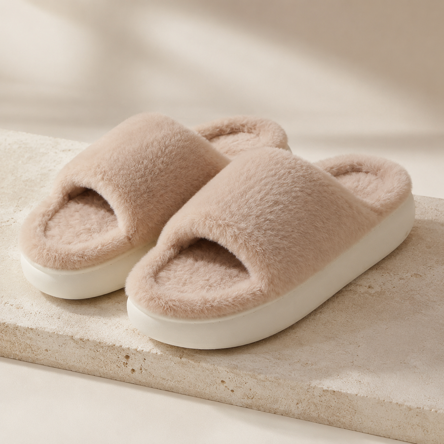 Pair of Khaki Veloura plush open-toe lounge slides with soft matching footbeds and flat off-white soles.