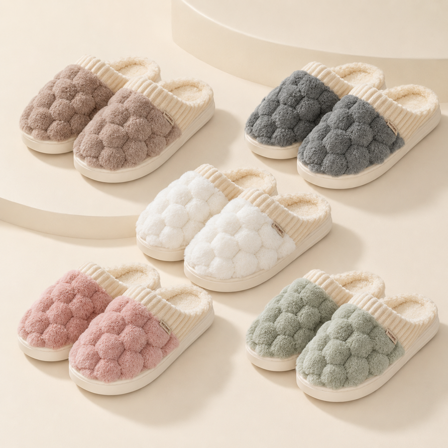 Elowen house slippers in Warm Taupe, Stone Grey, Ivory, Blush and Soft Sage.