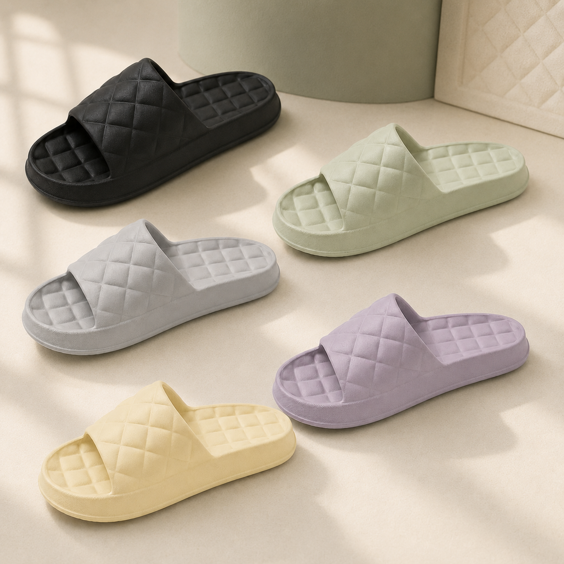 Haven Quilted EVA Slides in Black, Sage Green, Cool Grey, Soft Purple and Butter Yellow.