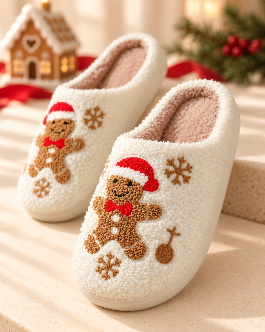 Front design view of Holly Christmas slippers showing the gingerbread characters, red Santa hats, white buttons, snowflakes and ornament details.