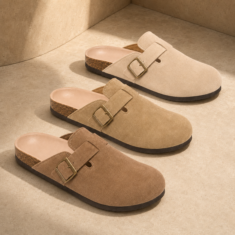 Marlow suede buckle clog color options in Beige, Khaki and Brown.