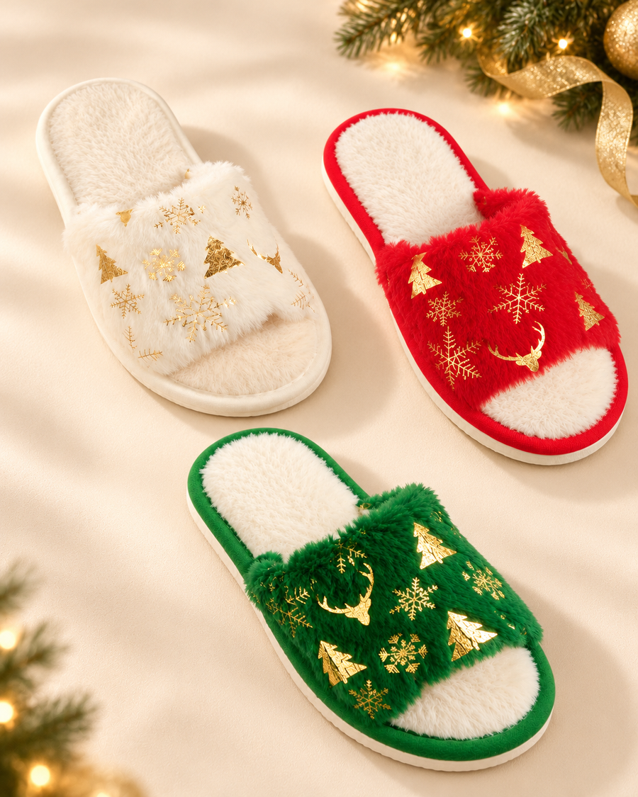 Noelle Christmas plush slides in Beige, Red and Green with gold festive motifs, arranged on an ivory background with evergreen and gold ribbon.