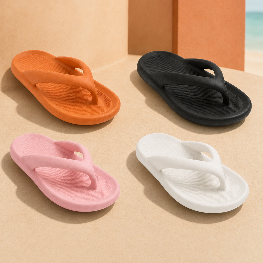 Riva EVA Platform Flip-Flops in Clay Orange, Black, Soft Pink and White.