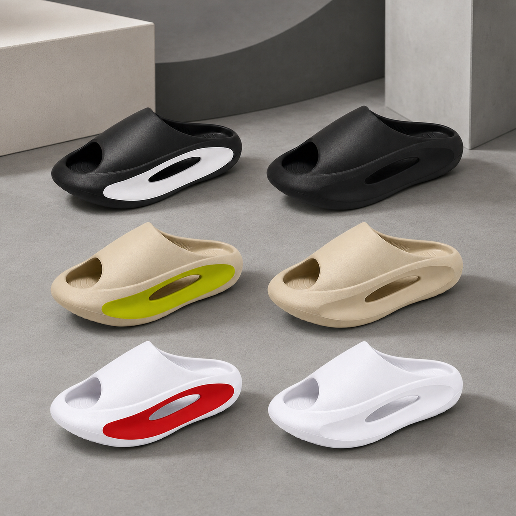 Soren sculpted EVA slides in Black & White, Black, Khaki & Green, Khaki, White & Red, and White.