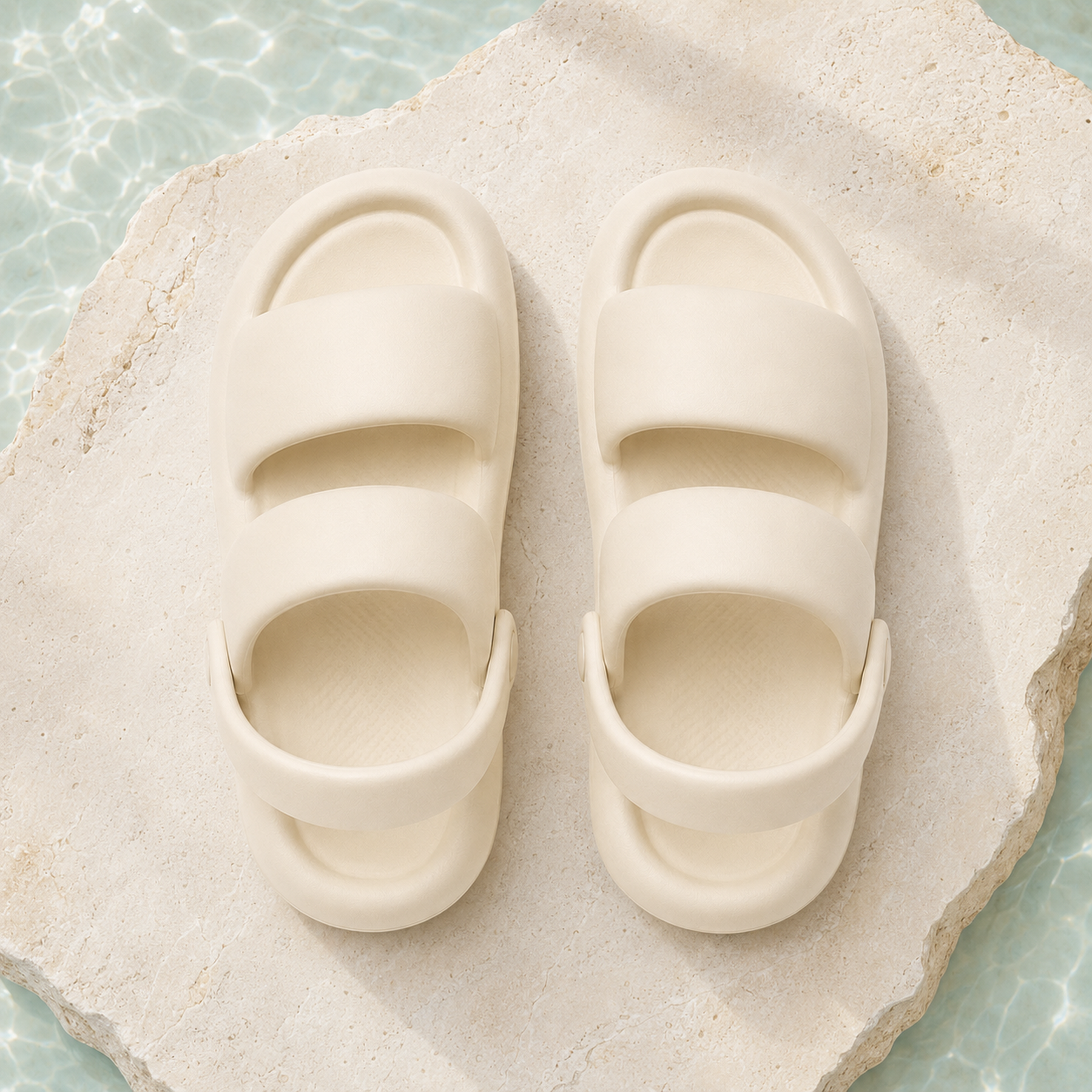Top view of off-white Cove EVA sandals showing the broad straps and contoured footbeds.