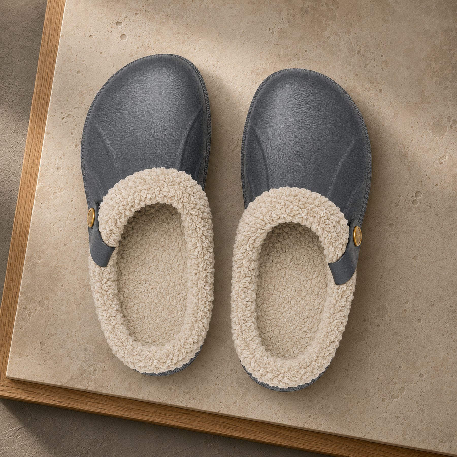 Overhead view of Grey Ember clogs showing the lined collars and cotton-fabric footbeds.