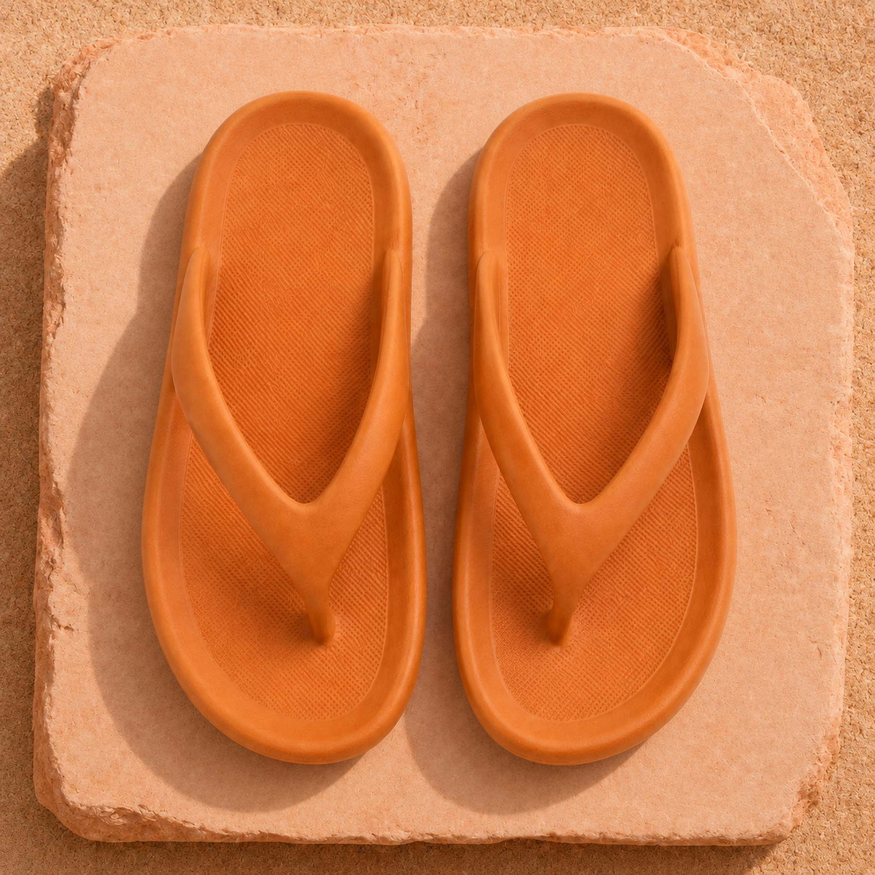Top view of Clay Orange Riva flip-flops showing the wide thong straps and textured footbeds.