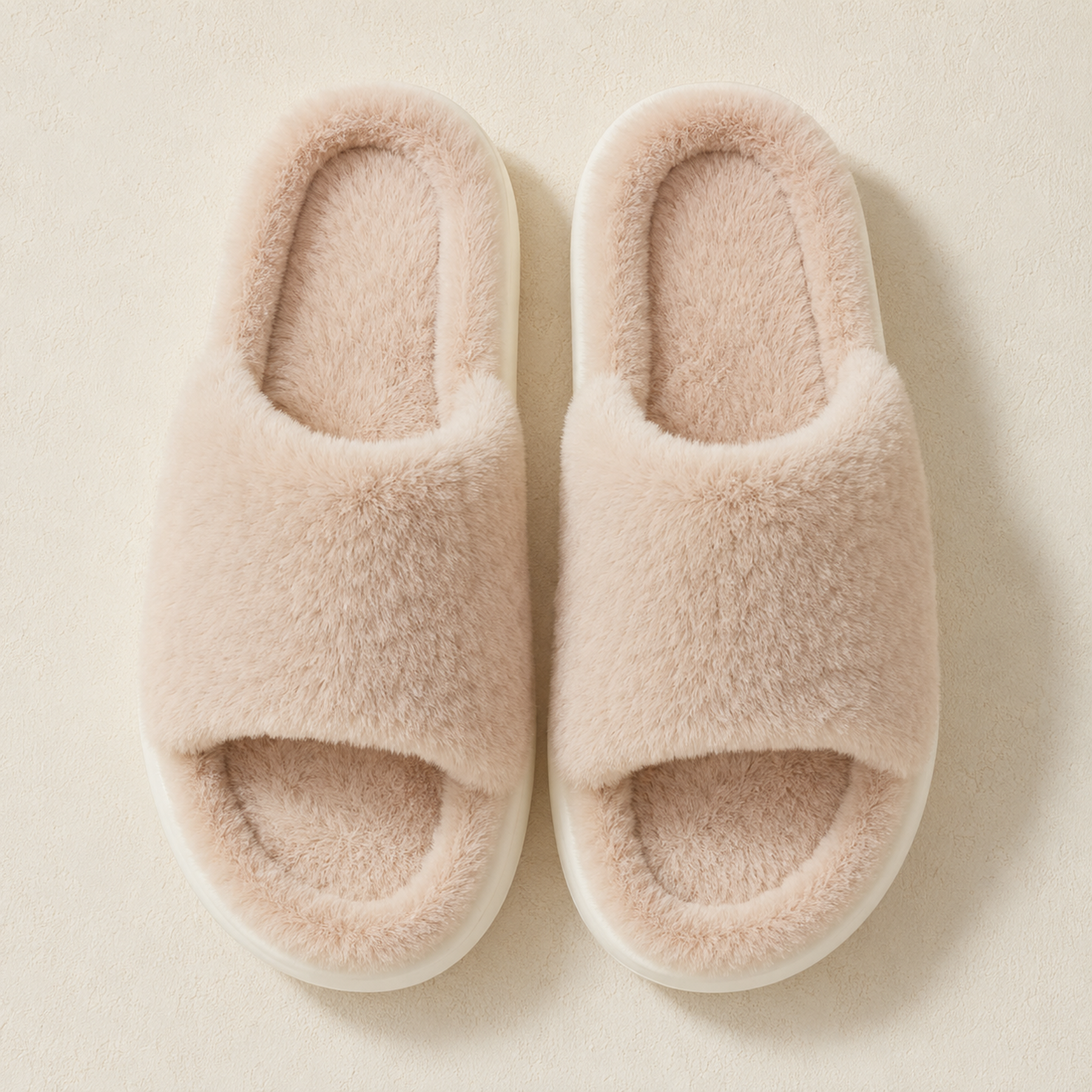 Overhead view of Khaki Veloura slides showing the wide plush bands, open toes, rounded footbeds and matching pair construction.