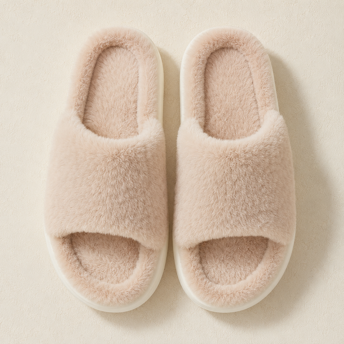 Overhead view of Khaki Veloura slides showing the wide plush bands, open toes, rounded footbeds and matching pair construction.
