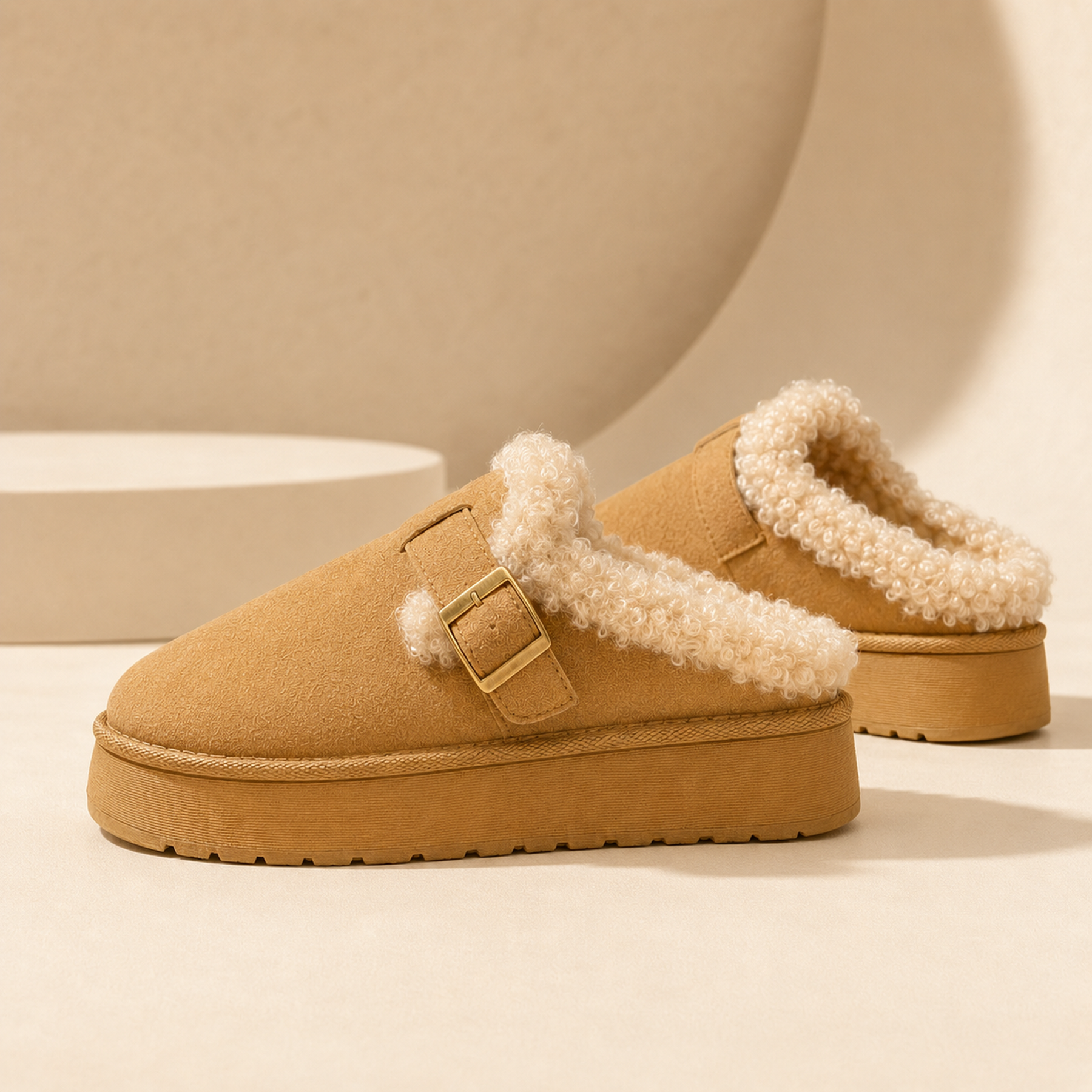 Side profile of Camel Aurelia clogs showing the open-back shape, faux-fur collar, buckle strap and tonal sole.