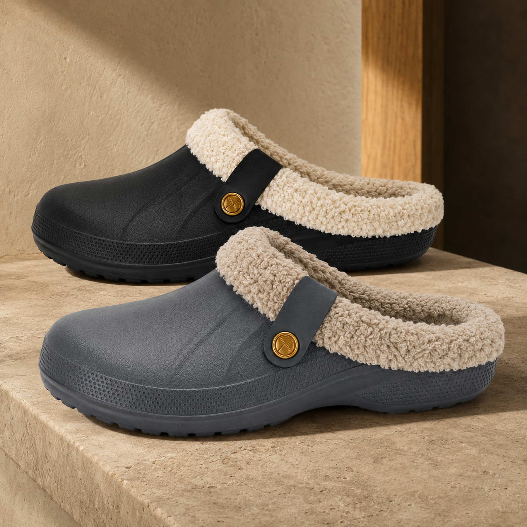 Side view of Black and Grey Ember clogs showing the EVA shells, lined collars and brass-tone buttons.