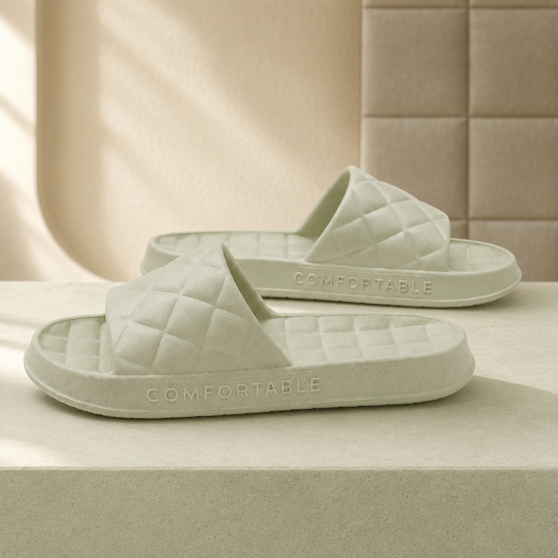 Side profile of Sage Green Haven EVA slides showing the soft molded sole and tonal side detail.