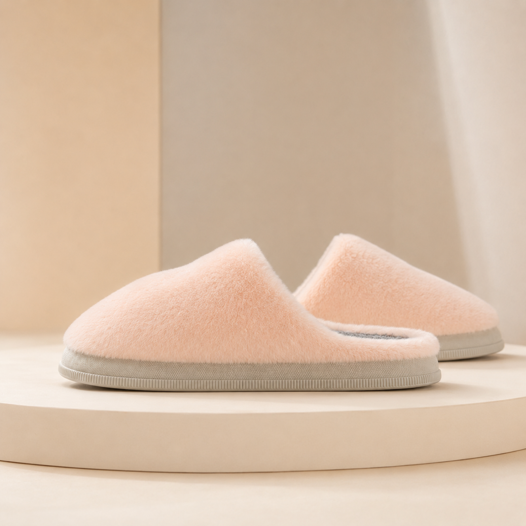 Grounded side-profile arrangement of Blush Lumi slippers showing the closed toes, open backs and ribbed PVC sole edges.