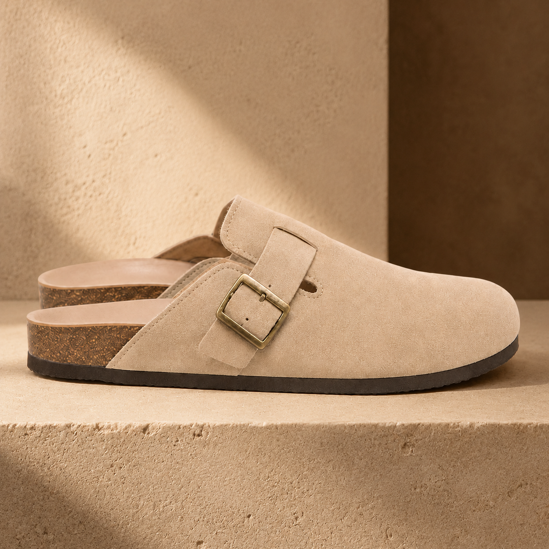 Side profile of beige Marlow suede buckle clogs showing the open back and rubber outsole.