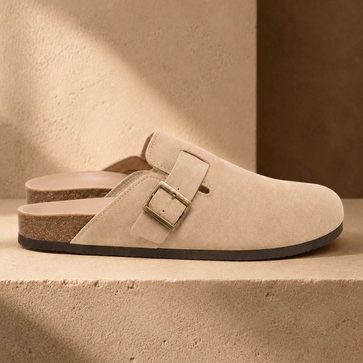 Side profile of beige Marlow suede buckle clogs showing the open back and rubber outsole.