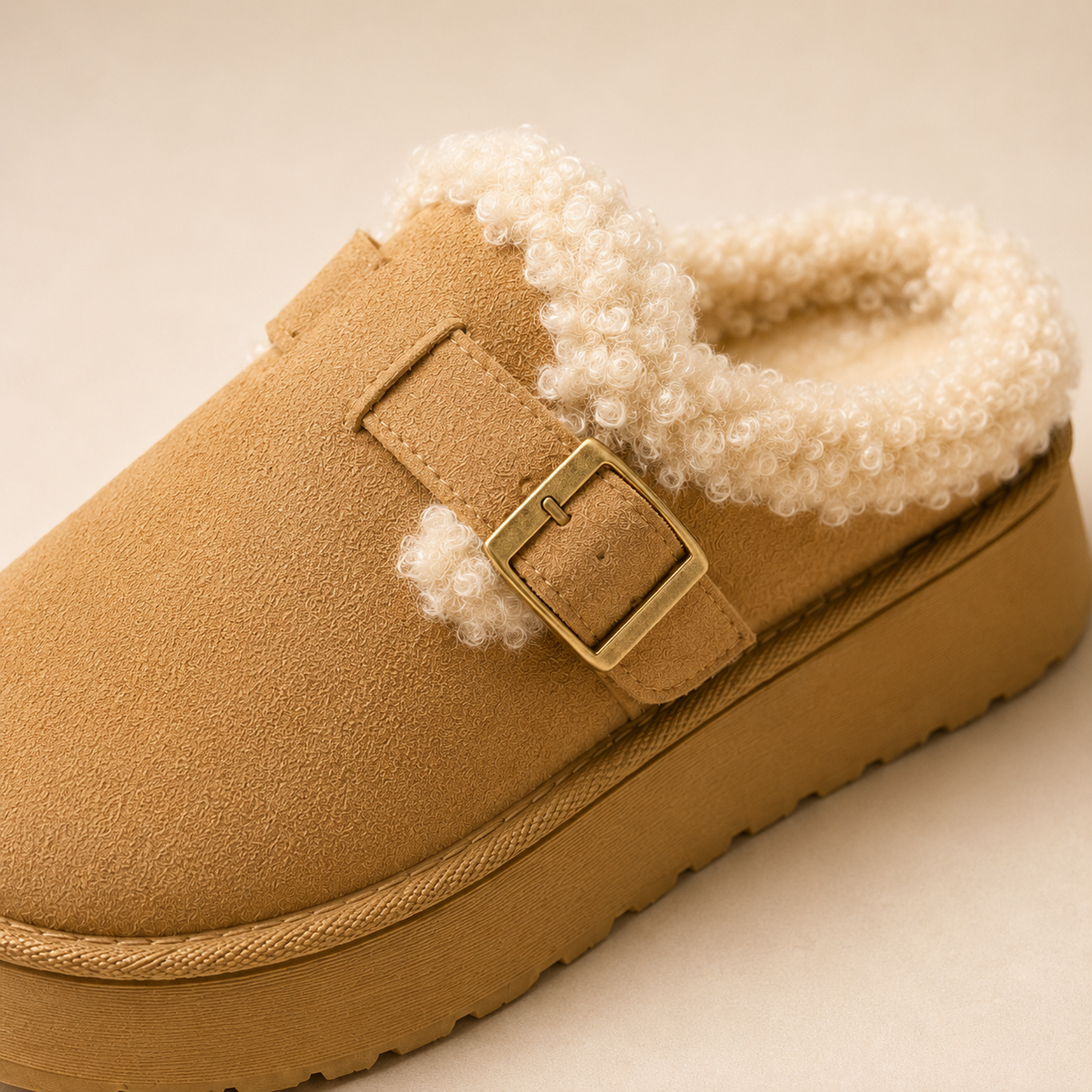 Close view of Aurelia’s camel faux-suede nap, curly faux-fur lining, antique-brass buckle, piping and molded sole edge.
