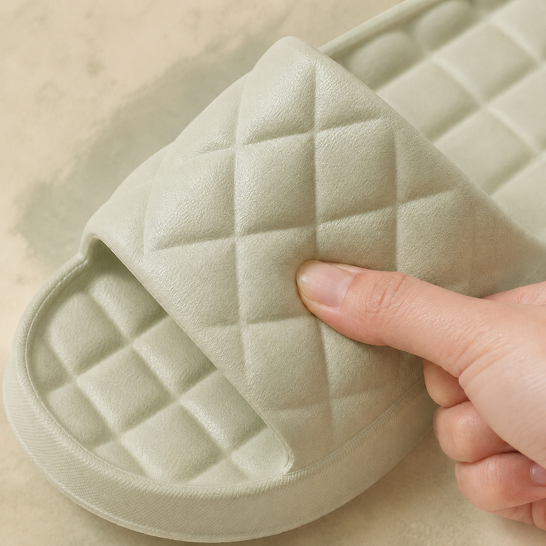 Close-up of a hand gently pressing the soft quilted EVA strap of a Sage Green Haven slide.