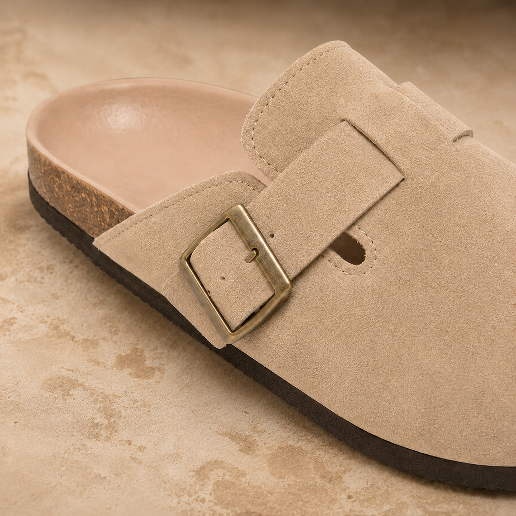 Close-up of the Marlow clog’s beige suede, antique-brass buckle, stitching and outsole edge.