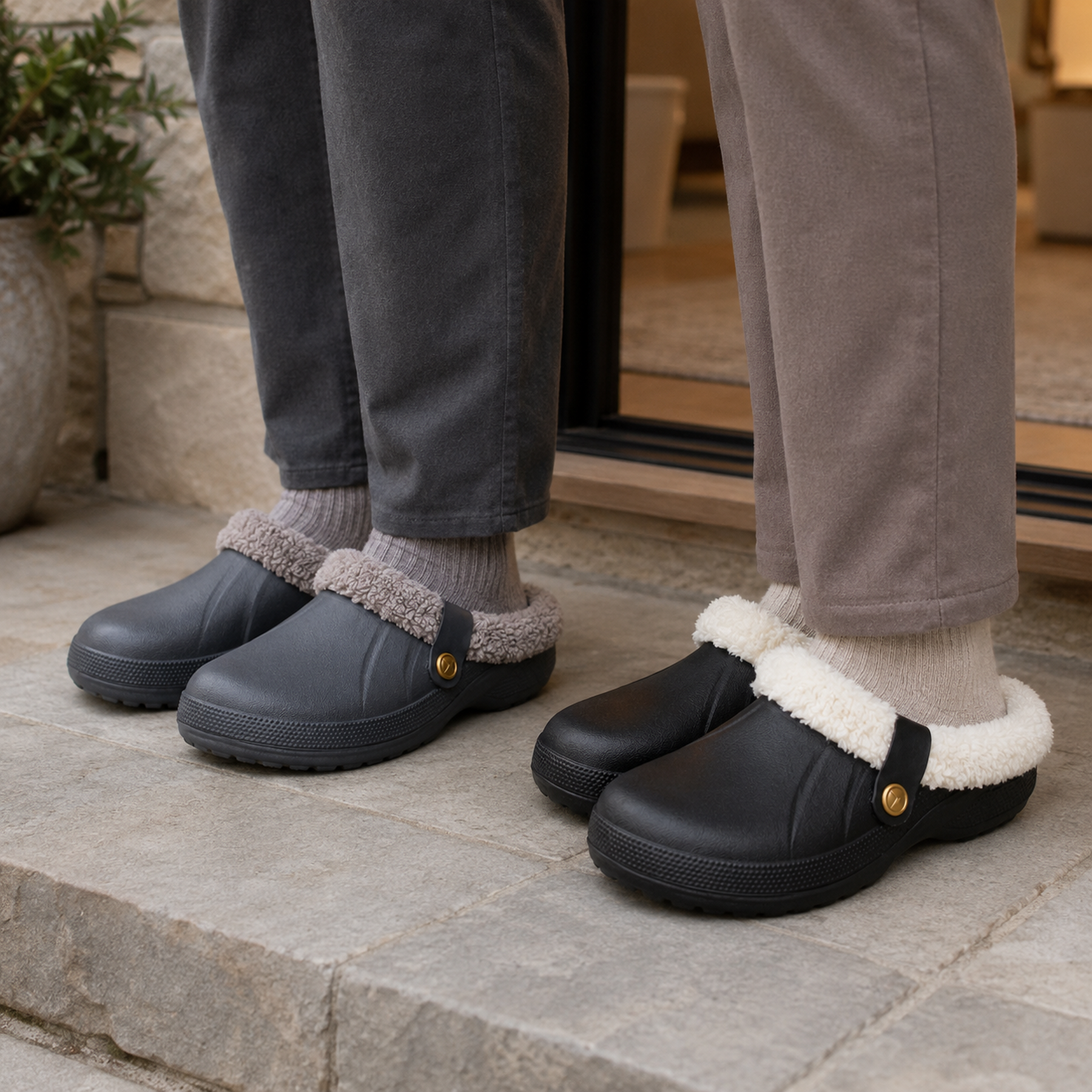 Two adults wearing Grey and Black Ember lined clogs at a covered home entry.