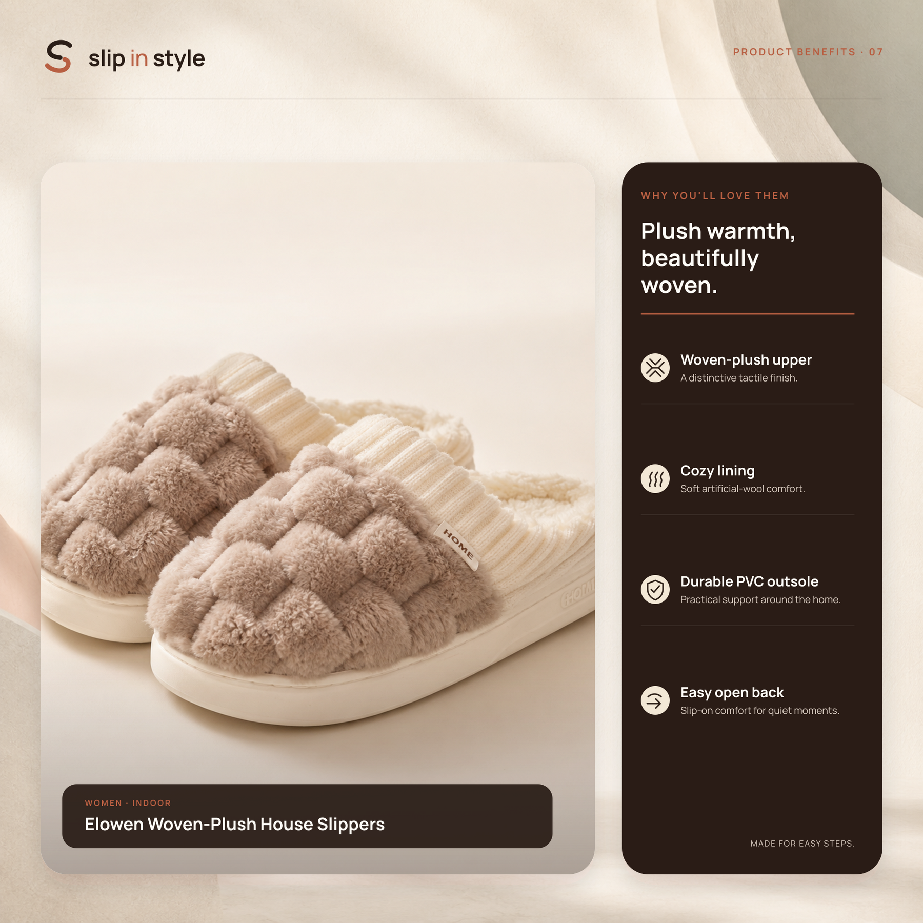 Elowen benefits including woven plush, artificial-wool lining and footbed, durable PVC outsole and cozy indoor warmth.