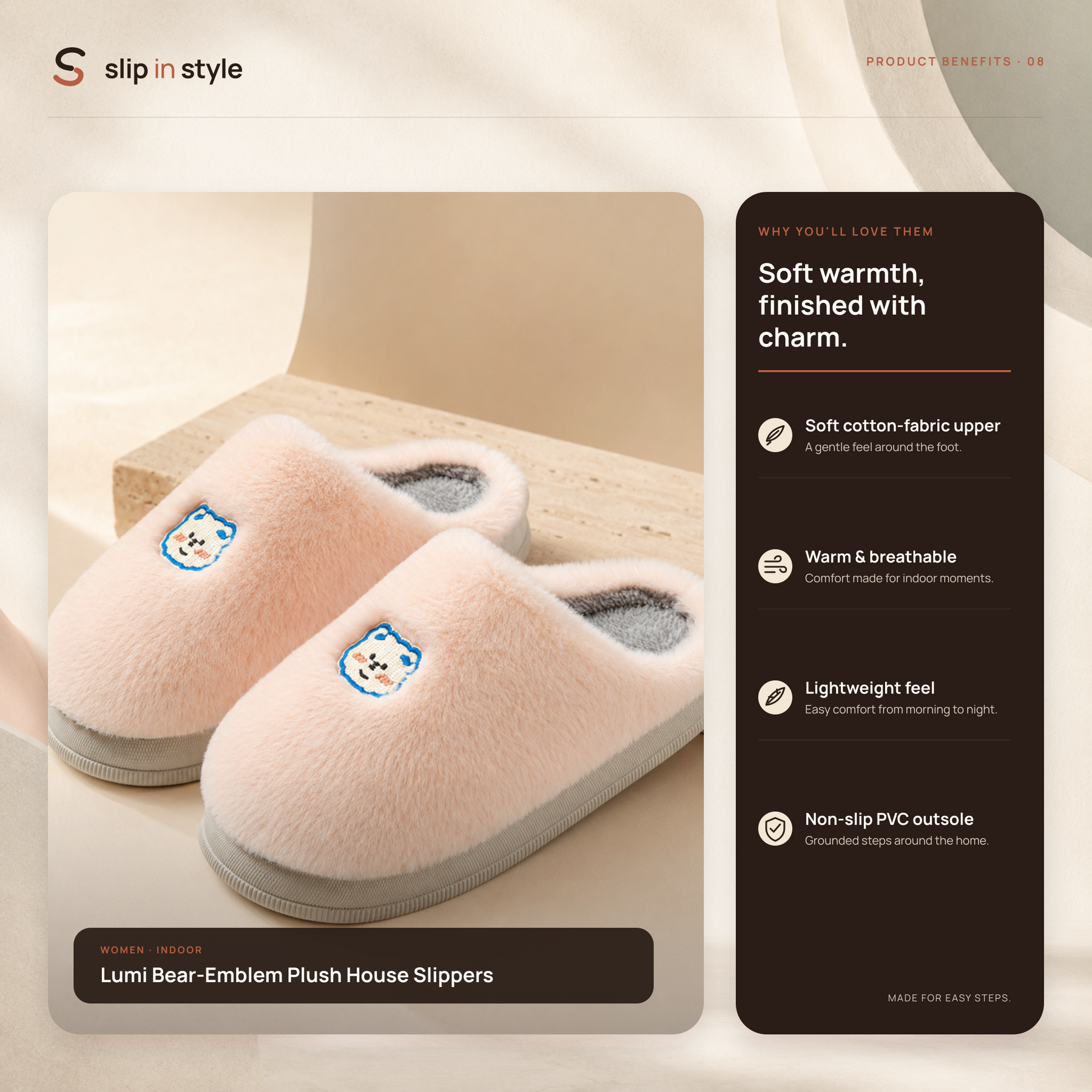 Lumi benefits including cotton-fabric comfort, warm breathability, lightweight construction, bear embroidery and a non-slip PVC outsole.