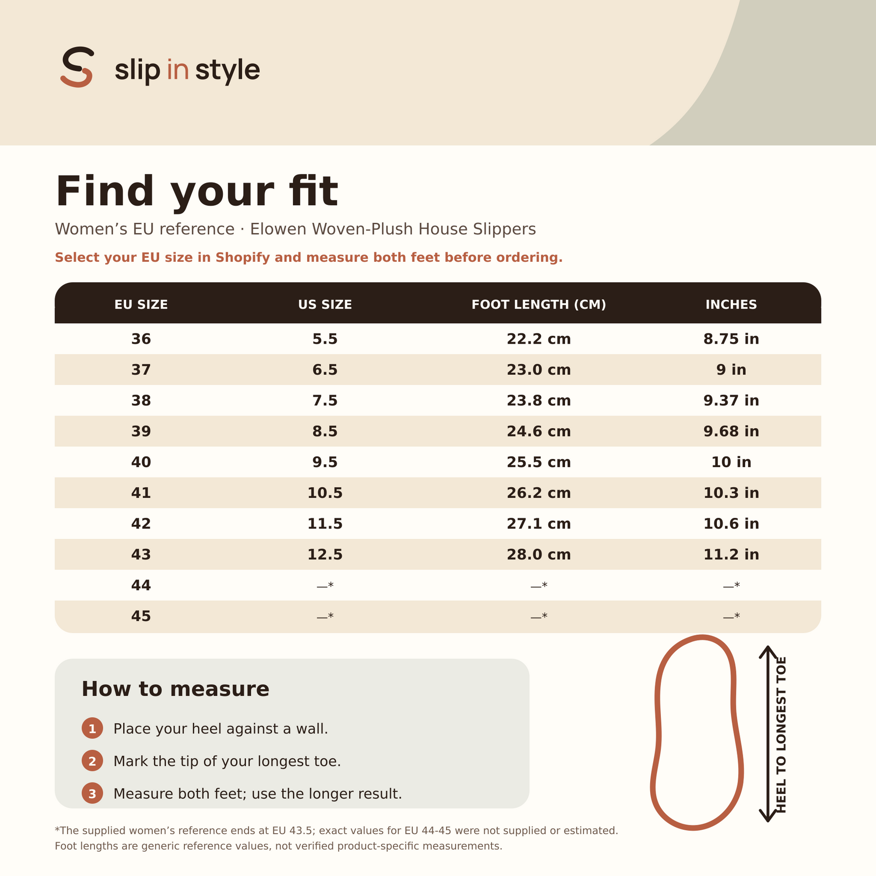 Women’s Elowen EU size reference with US conversions, foot lengths and a measuring diagram.
