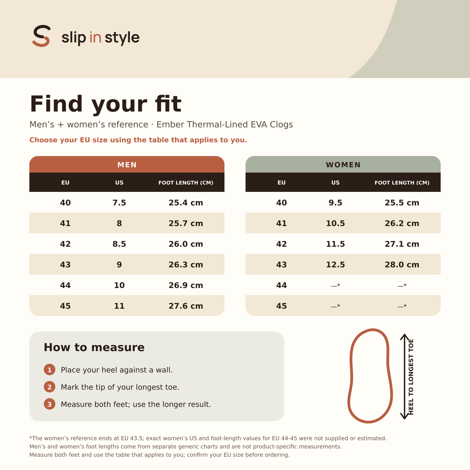 Ember unisex size reference for available product sizes 40–41 through 44–45.