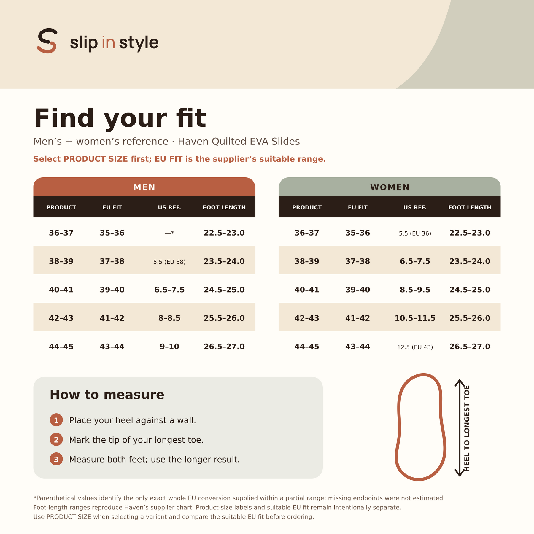 Haven product-size and suitable-EU-fit guide with foot-length measurements.