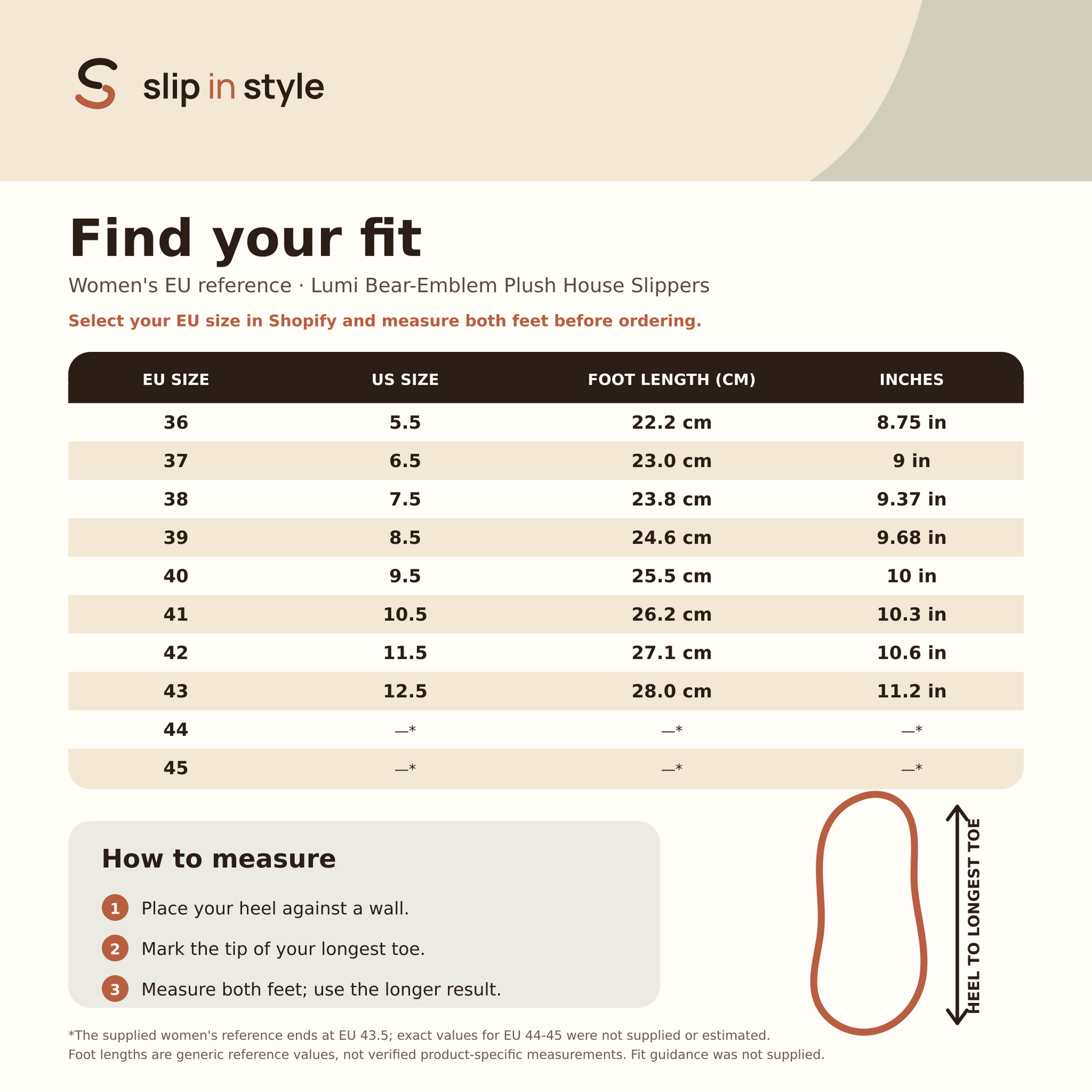 Women’s Lumi EU size reference with US conversions, foot lengths and a heel-to-toe measuring diagram.