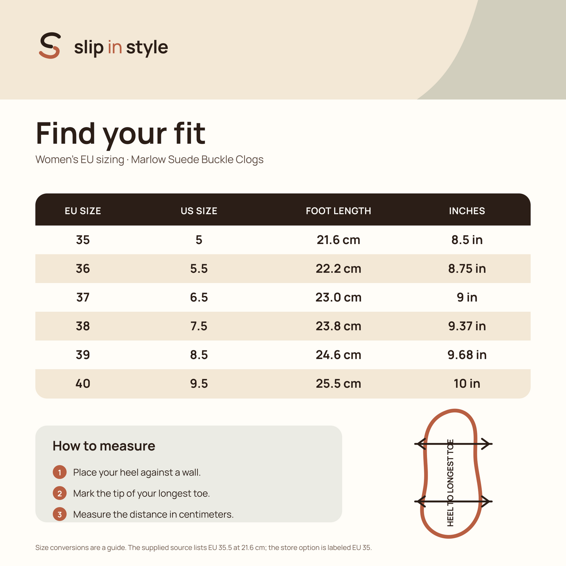 Women’s EU 35–40 size guide for Marlow Suede Buckle Clogs with foot-measuring instructions.